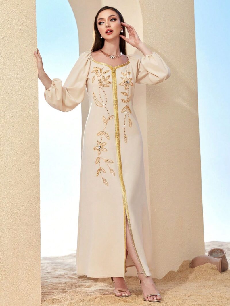 AWW2504 AWW2504 Abaya - Beige and Gold